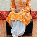 🌼 Orange Lucknowi Fusion Monochromatic Cotton Printed Kurta with Chikan Afghani Set 🌼