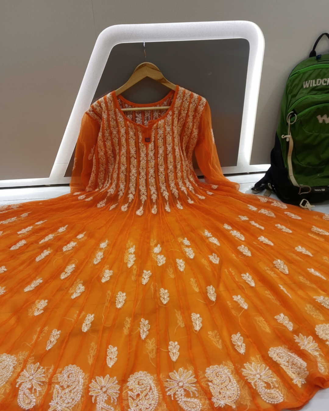 Orange Embroidery 56" Kali Chikankari Anarkali with Inner