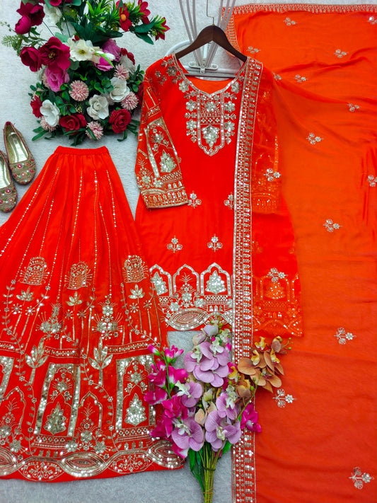 Cosmic Orange Embroidered Georgette Sharara Suit Set