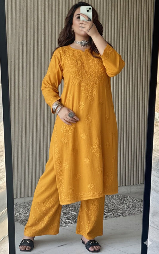 Orange Lucknow Chikankari Rayon Kurta Palazzo Co-ord Set with Tone-to-Tone Hand Embroidery Plus Size