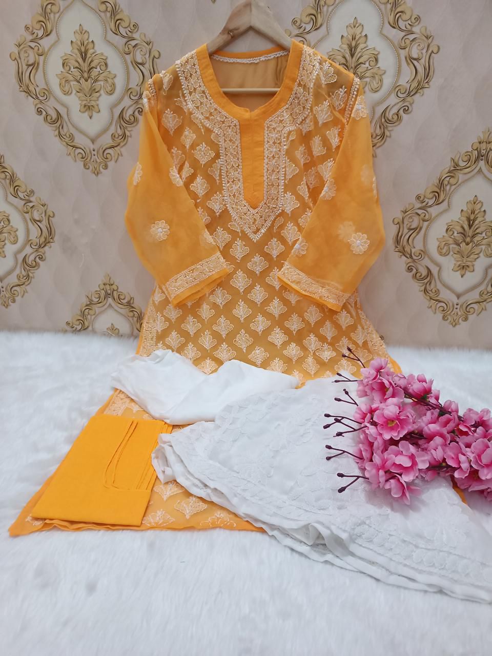 Orange Lucknawi Chikankari Georgette Full Jaal Sharara 4 Pc Set