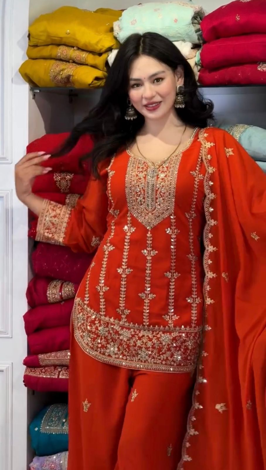 Tangerine Designer Party Wear Faux Georgette Top, Palazzo & Dupatta Set
