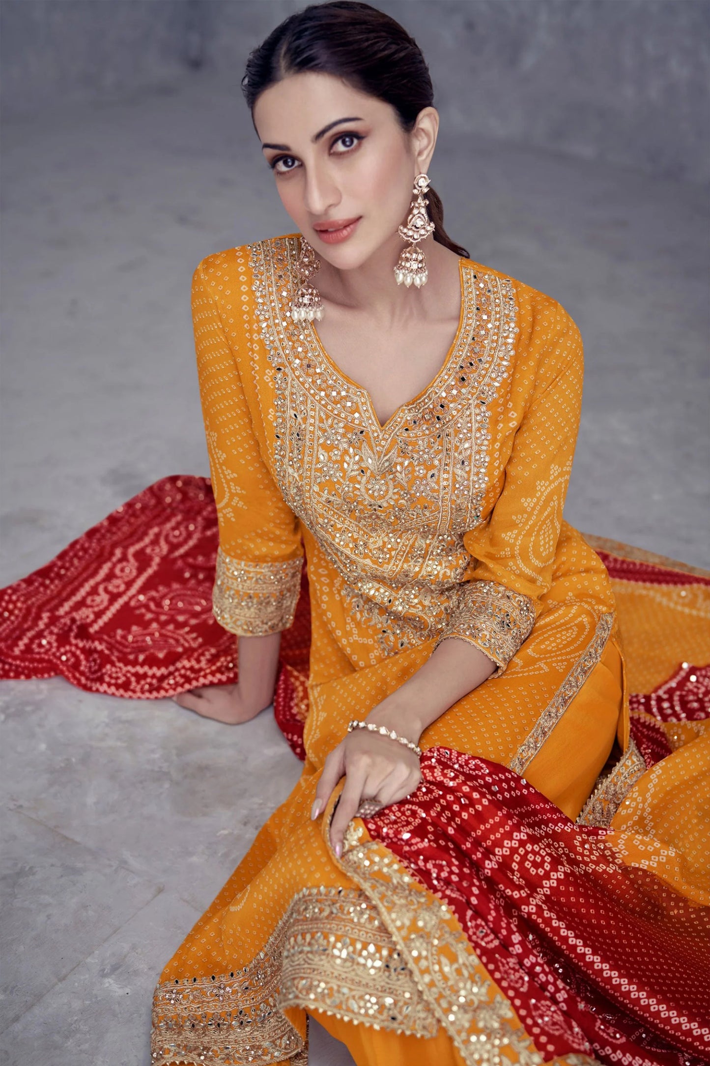 Orange Chinon Crepe Premium Bandhani Print Pakistani Suit