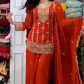 Tangerine Designer Party Wear Faux Georgette Top, Palazzo & Dupatta Set
