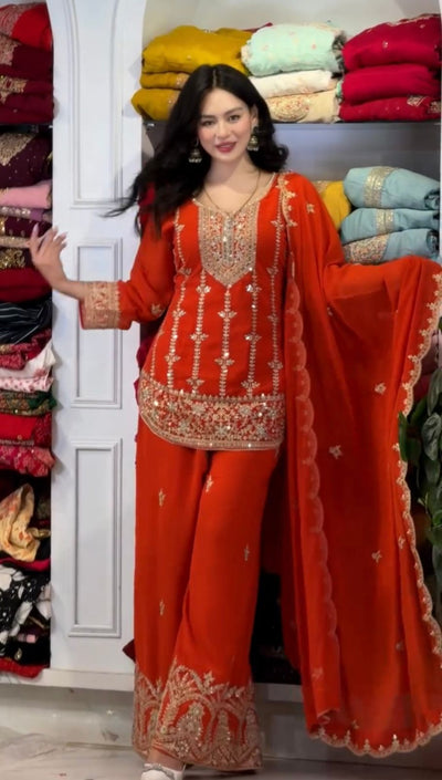 Tangerine Designer Party Wear Faux Georgette Top, Palazzo & Dupatta Set