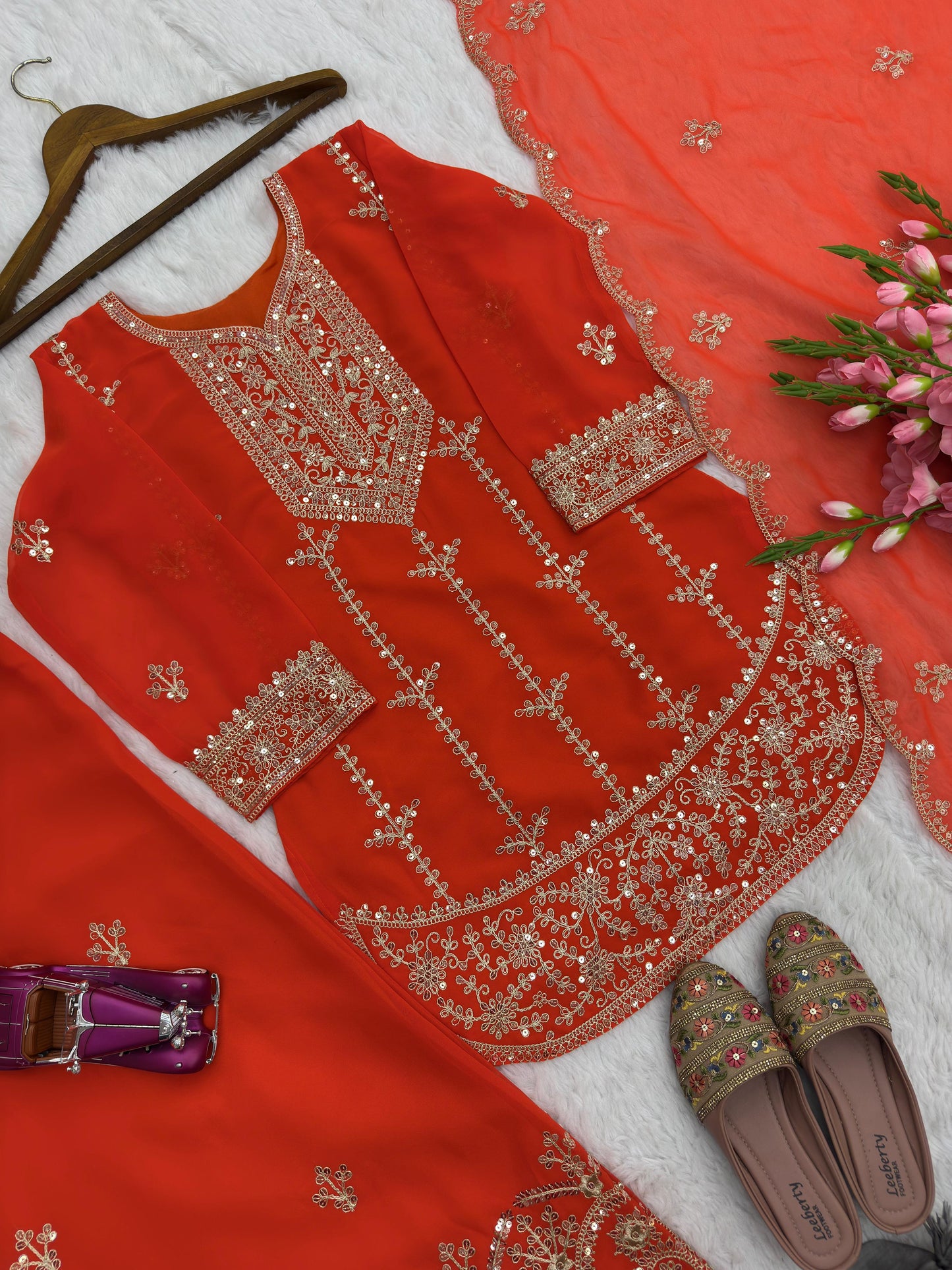 Tangerine Designer Party Wear Faux Georgette Top, Palazzo & Dupatta Set