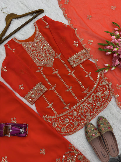 Tangerine Designer Party Wear Faux Georgette Top, Palazzo & Dupatta Set