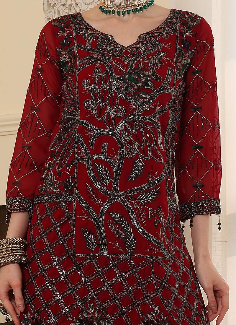 Maroon Pakistani Salwar Suit with Sequins & Zari Work