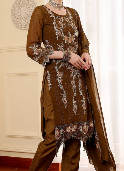 Brown Pakistani Salwar Suit with Embroidery & Stone Work