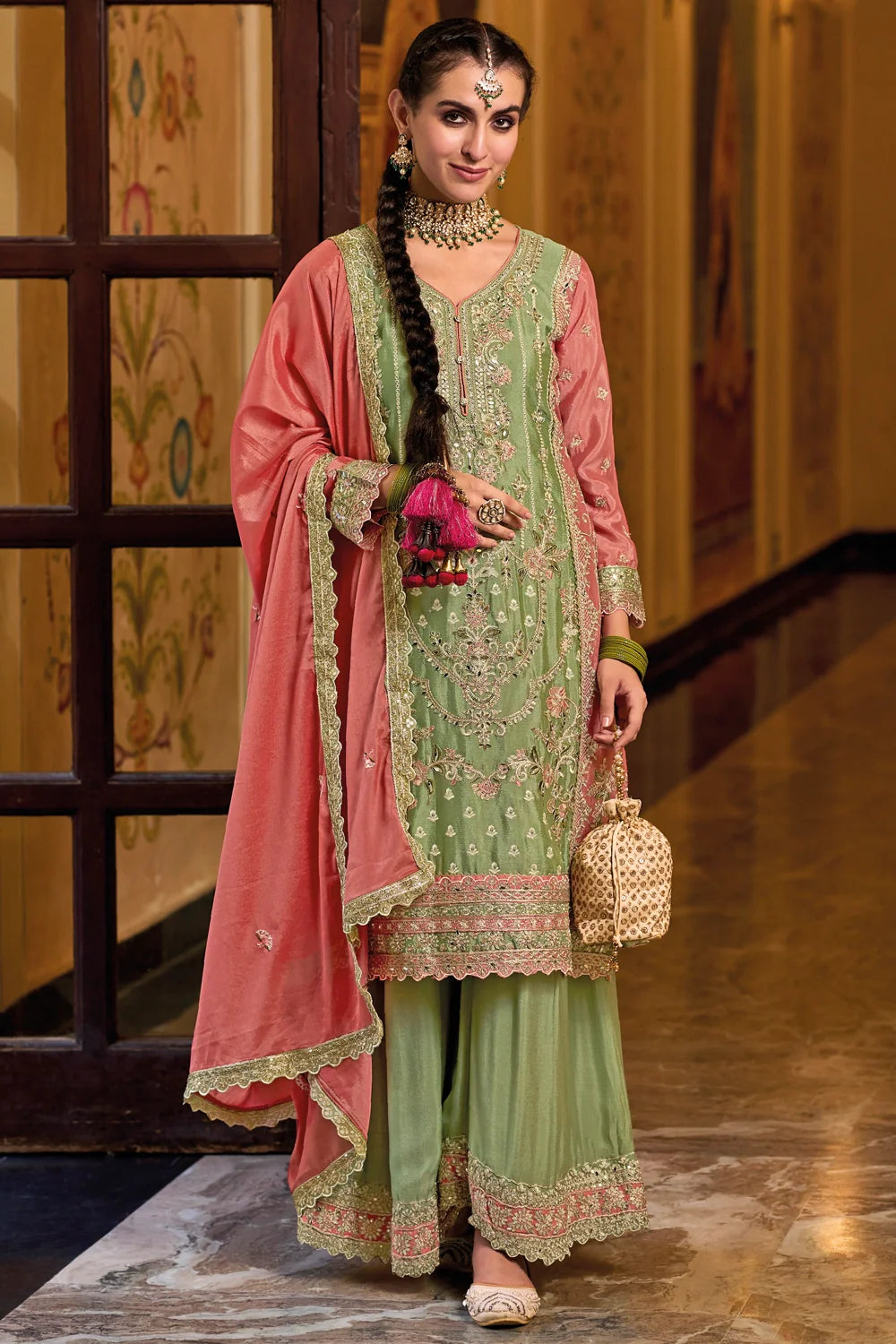 Regal Green Chinon Silk Embroidered Palazzo Salwar Suit