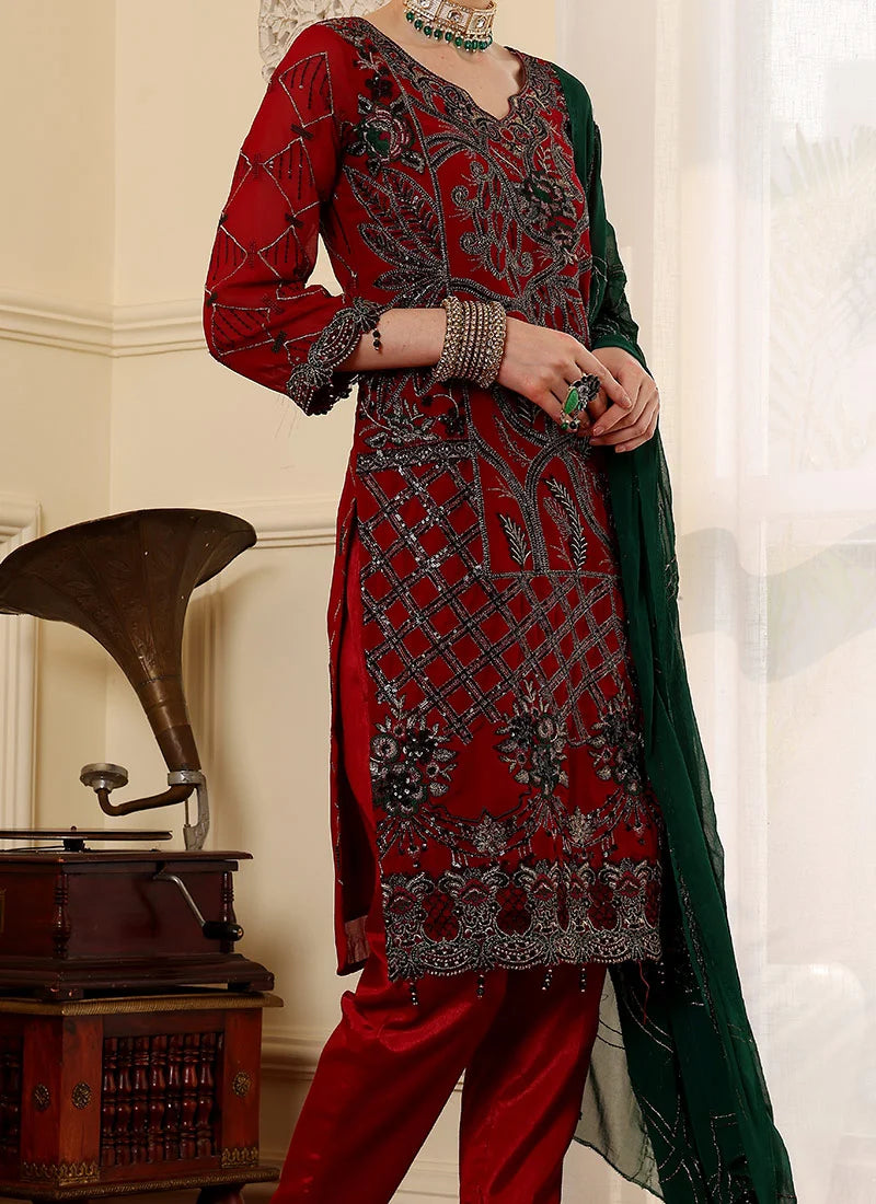 Maroon Pakistani Salwar Suit with Sequins & Zari Work