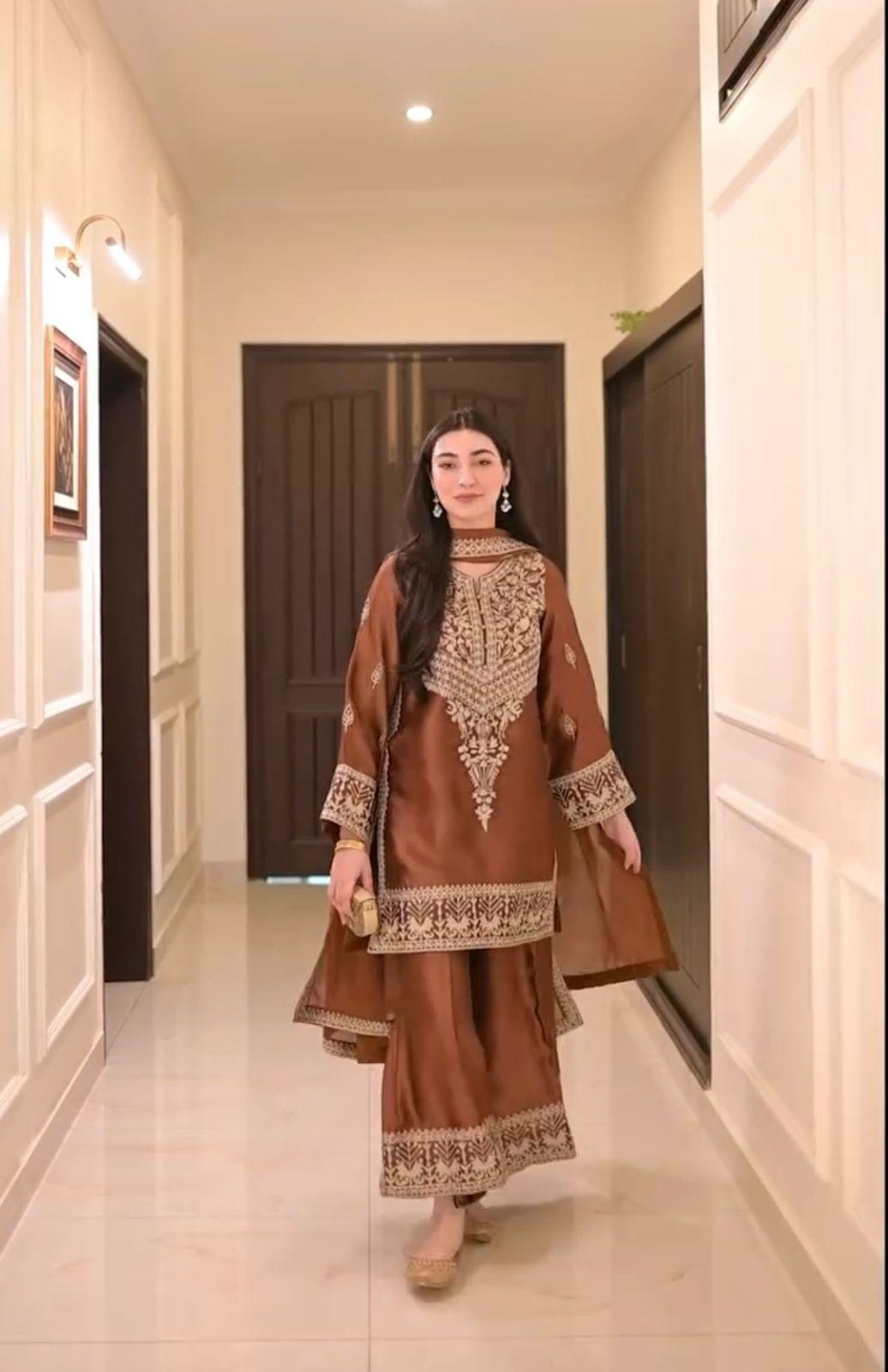 Brown Designer Pure Chinon Silk Embroidered Top & Palazzo Set with Dupatta
