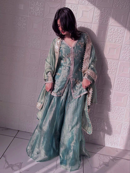 Green Glimmer & Grace: Embroidered Silk Sharara Suit Set