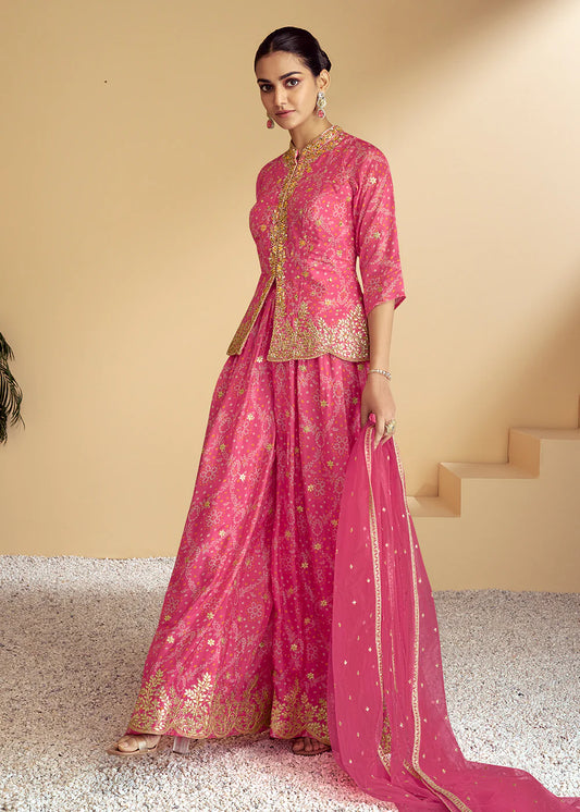 Pink Real Chinnon Designer Festive Wear Palazzo Salwar Suit