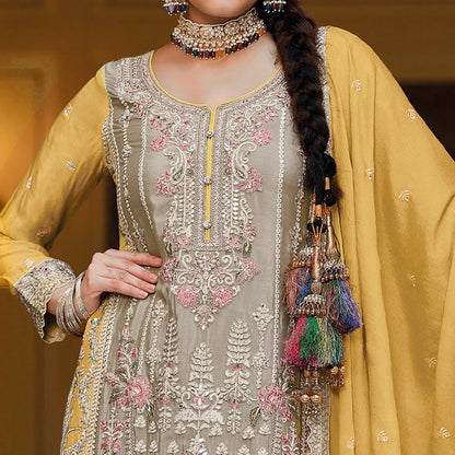 Grey-Yellow Chinon Silk Embroidered Palazzo Salwar Kameez Suit