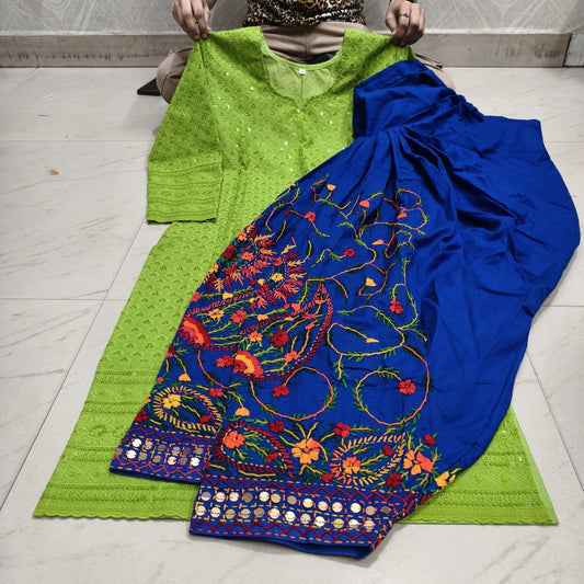 Parror Green Beautiful Embroidered Phulkari Kantha Salwar & Chikankari Kurti Set - Inayakhan Shop 