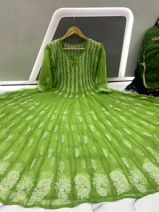 Parrot Green 56" Kali Chikankari Anarkali with Inner - Inayakhan Shop 