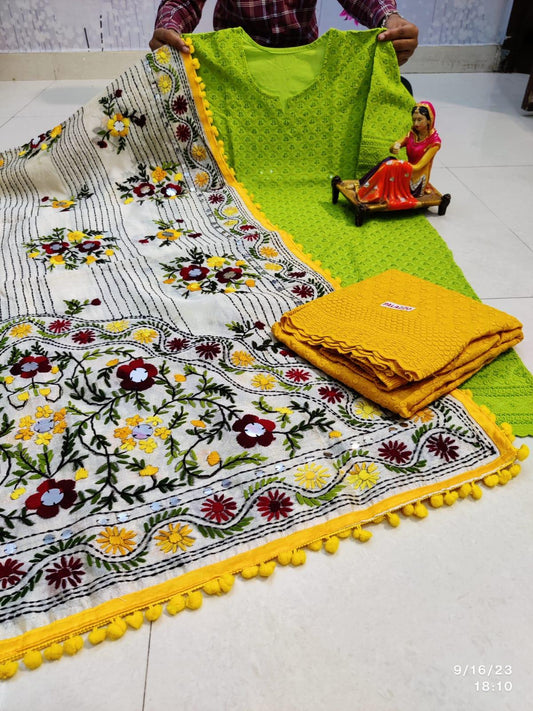 Parrot Green & Yellow Handmade Mirror Work Raw Silk Pom Pom Dupatta Set - Inayakhan Shop 