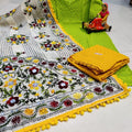 Parrot Green & Yellow Handmade Mirror Work Raw Silk Pom Pom Dupatta Set