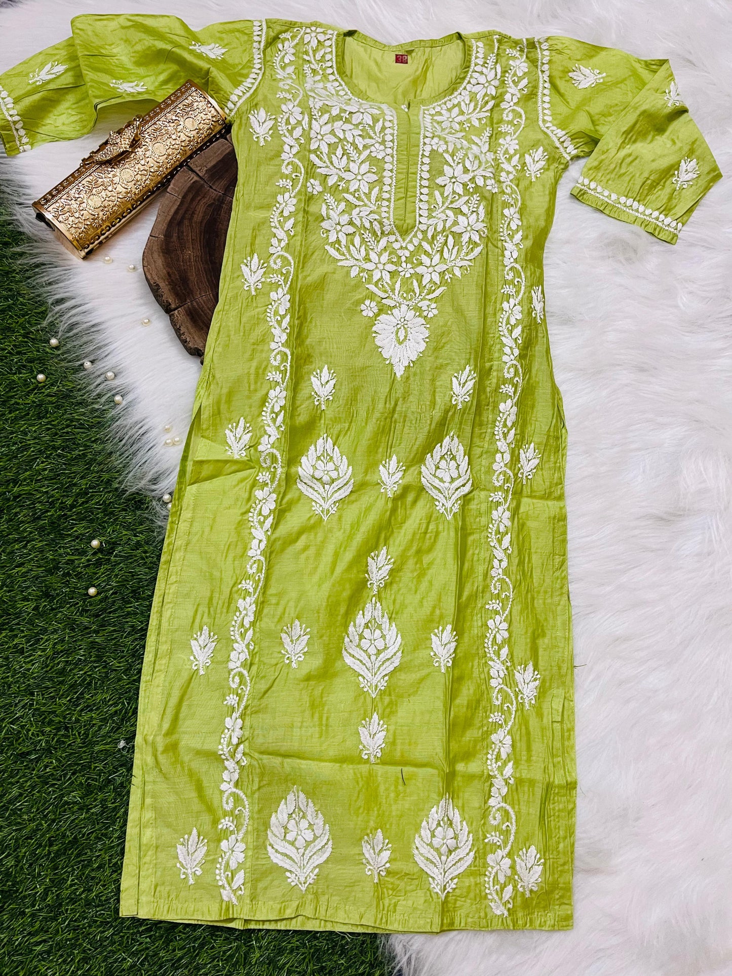 Parrot Green Chanderi Silk Lucknow Chikankari Kurti Set - Inayakhan Shop 