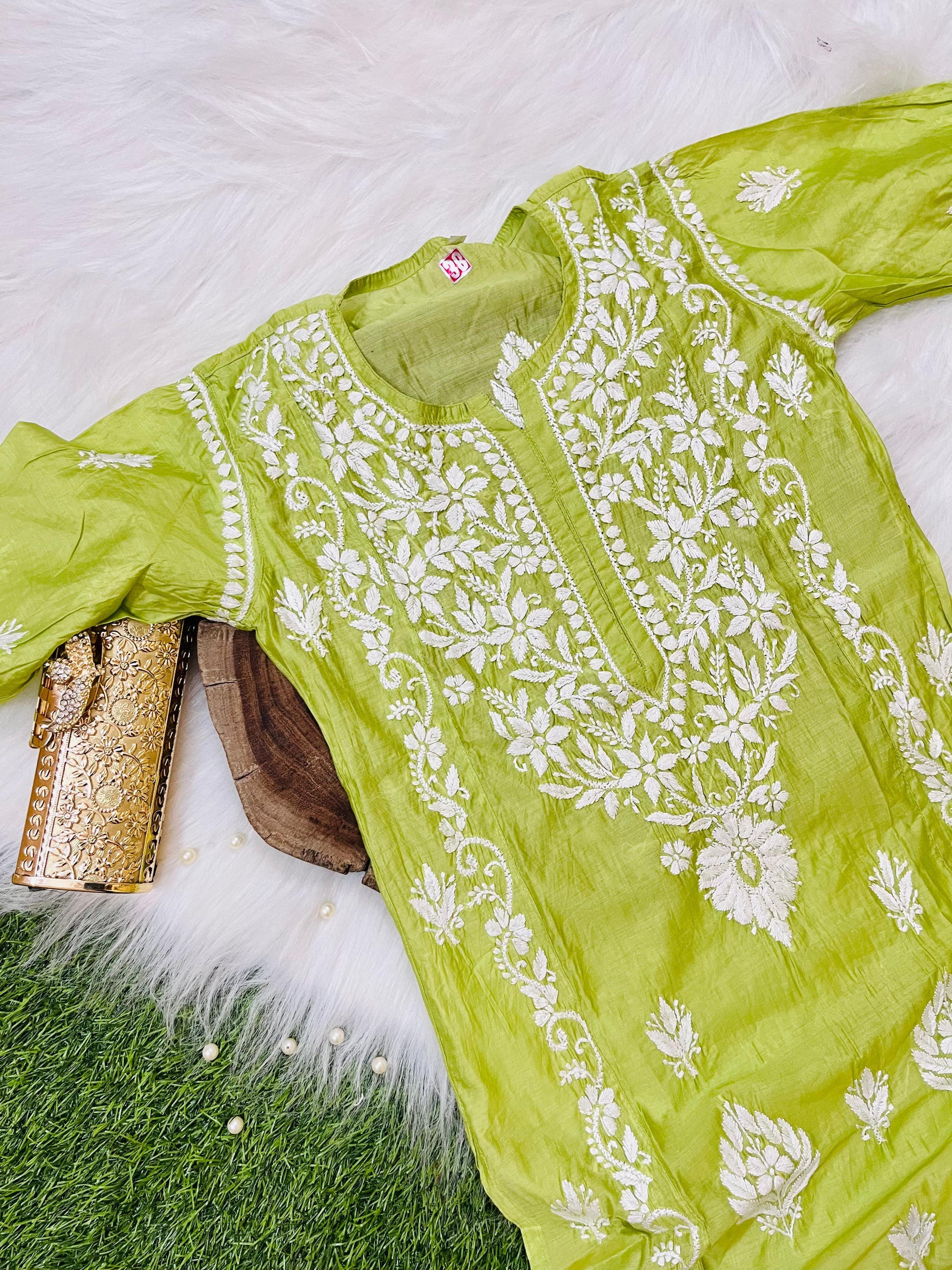 Parrot Green Chanderi Silk Lucknow Chikankari Kurti Set - Inayakhan Shop 