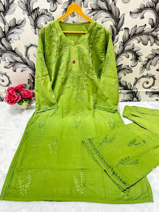 Parrot Green Chikankari Bliss Combo: Dyeable Pure Cotton Kurti & Palazzo Set - Inayakhan Shop 