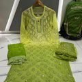 Parrot Green Chikankari Elegance Ombré Mirror Booti Jaal Set - Kurti, Sharara & Dupatta