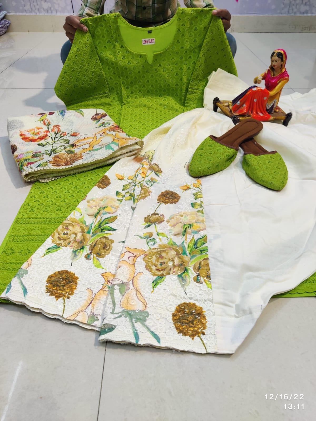 Parrot Green Chikankari Ensemble 4 Pc Set with Jutti - Inayakhan Shop 