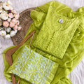 Parrot Green Color Aurora Breeze Brasso Chikankari Cotton Ensemble 3 Pc Set