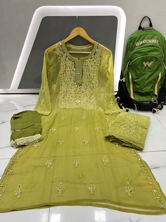 Parrot Green Dye Ombre Georgette Kurti Set With Sharara and Chiffon Dupatta(Inner Included) - Inayakhan Shop 