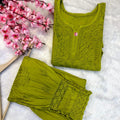 Parrot Green Elegant Cambric Cotton Chikankari Afghani Co-ord Ensemble