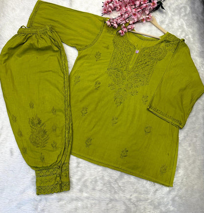 Parrot Green Elegant Cambric Cotton Chikankari Afghani Co-ord Ensemble - Inayakhan Shop 