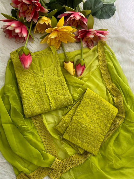 Parrot Green 🌻 Exclusive Dobby Cotton Full Dyeable 3-Piece Set with Chiffon Dupatta 🌻 - Inayakhan Shop 