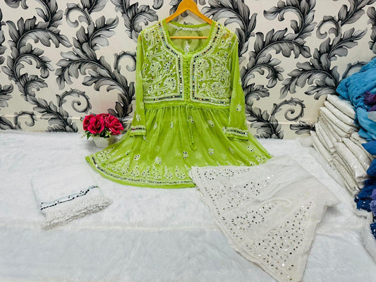 Parrot Green Glimmering Georgette Mirror Work Short Gown, Dupatta, and Sharara Full Combo Set - Inayakhan Shop 