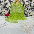 Parrot Green Glimmering Georgette Mirror Work Short Gown, Dupatta, and Sharara Full Combo Set