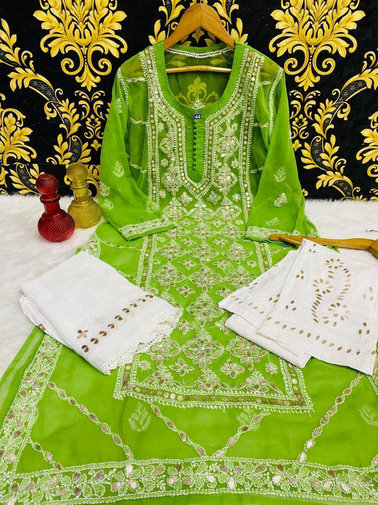 Parrot Green Graceful Lucknawi Georgette Chikankari GotaPatti Ensemble (Inner Included) - Inayakhan Shop 