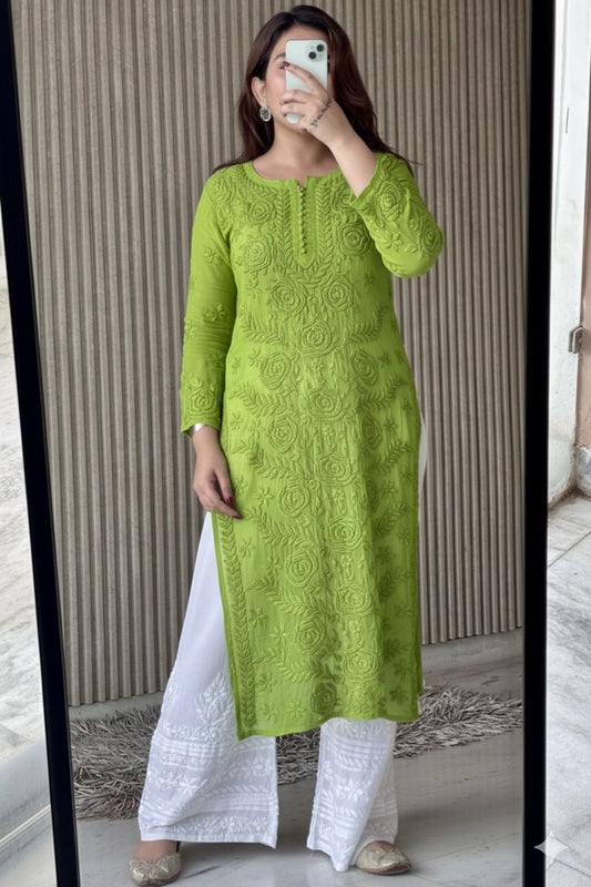Parrot Green Lucknowi Chikankari Rose Viscose Georgette Kurta Set