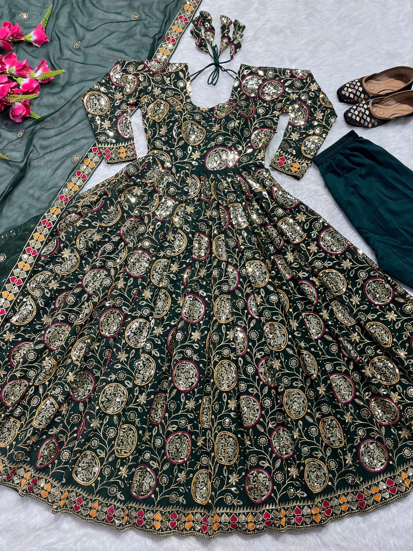 Green Designer Georgette Sequin Embroidery Anarkali Suit Set