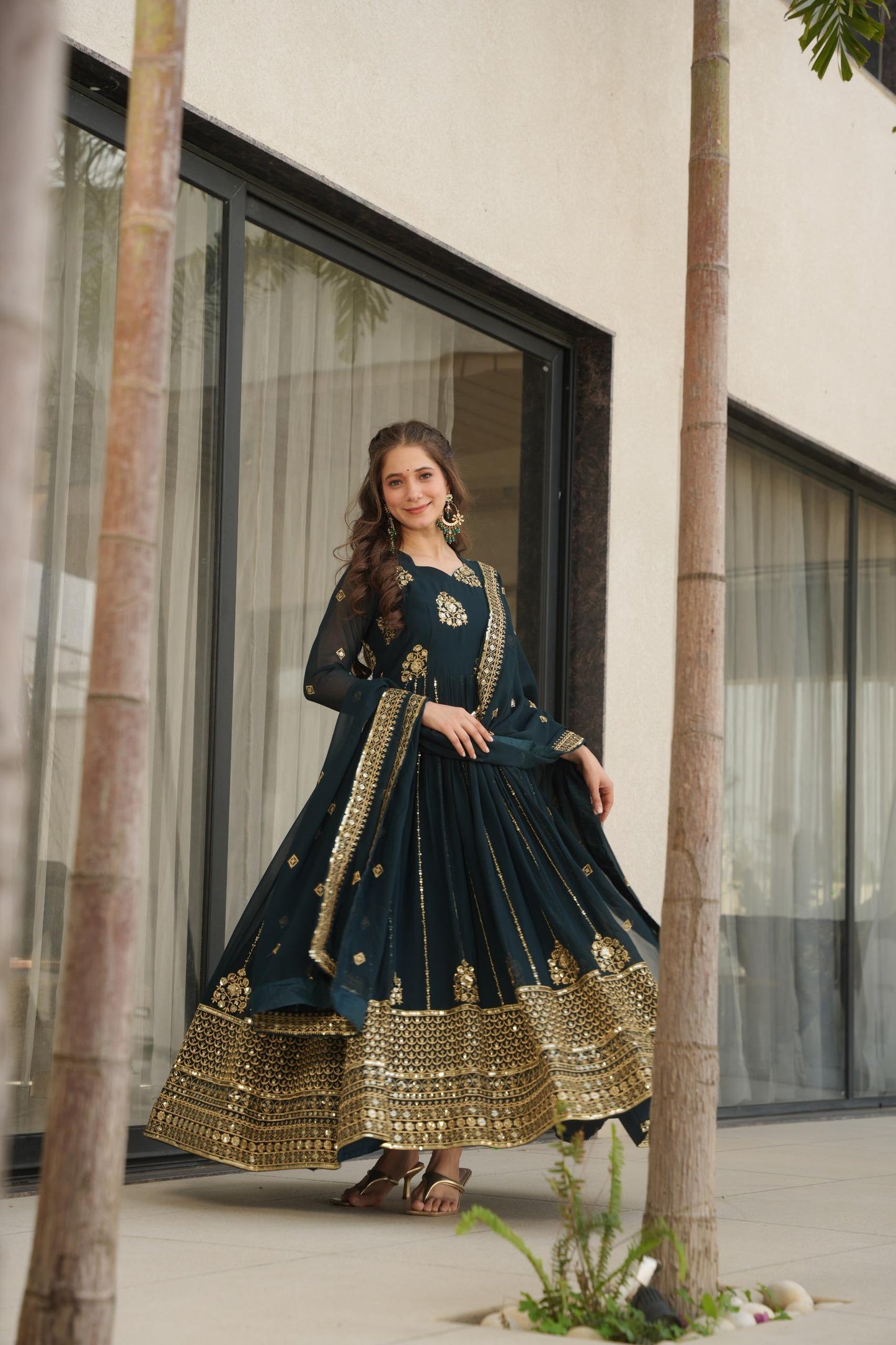 Dark Sea Green Zari & Sequin Embroidered Anarkali Party Wear Gown with Dupatta