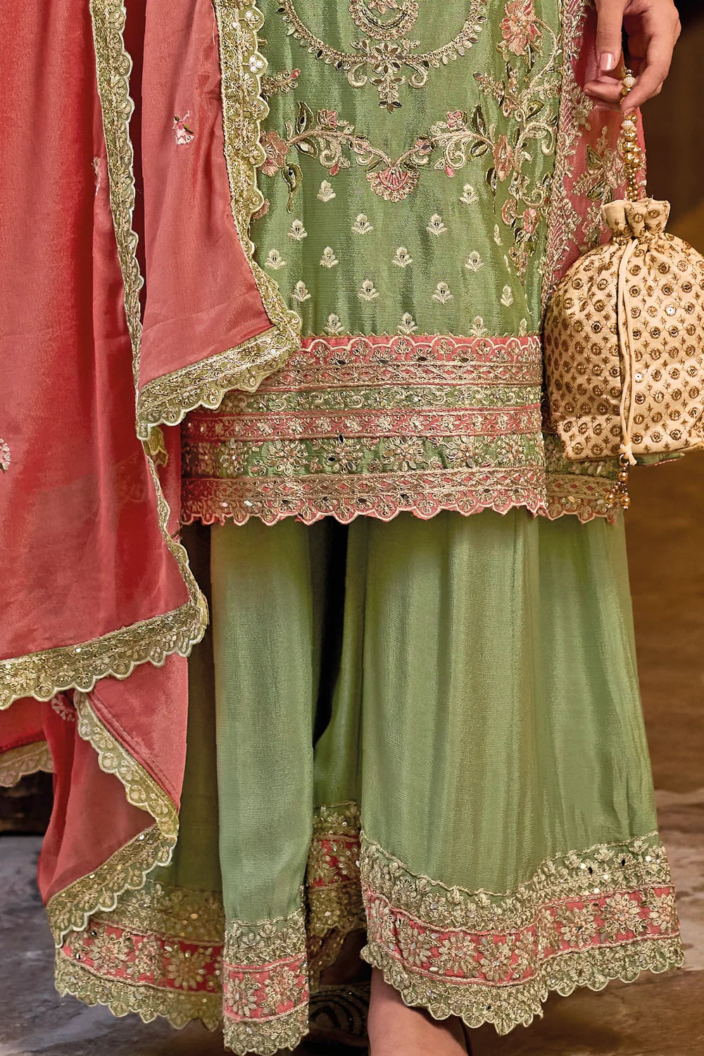 Regal Green Chinon Silk Embroidered Palazzo Salwar Suit