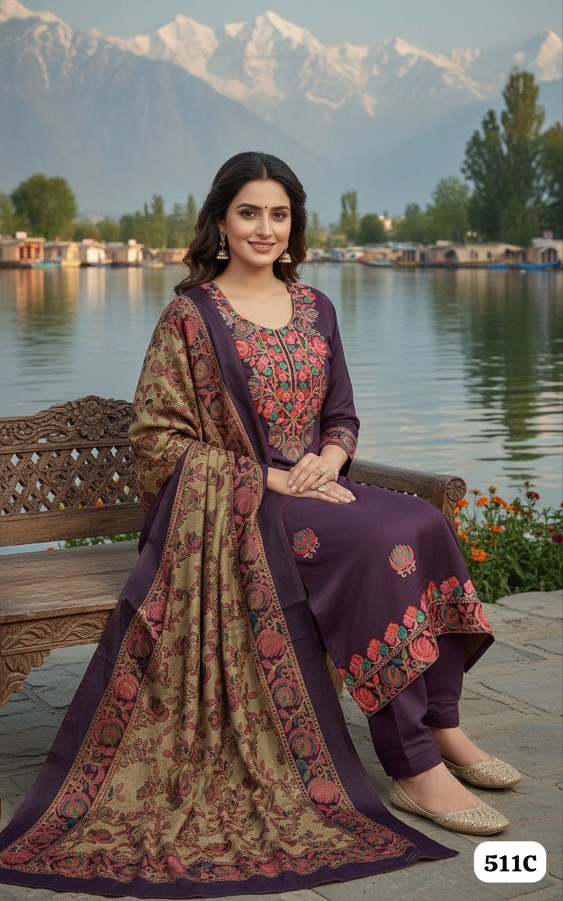 Wine Premium Kashmiri Work Pashmina Silk Suits (New)