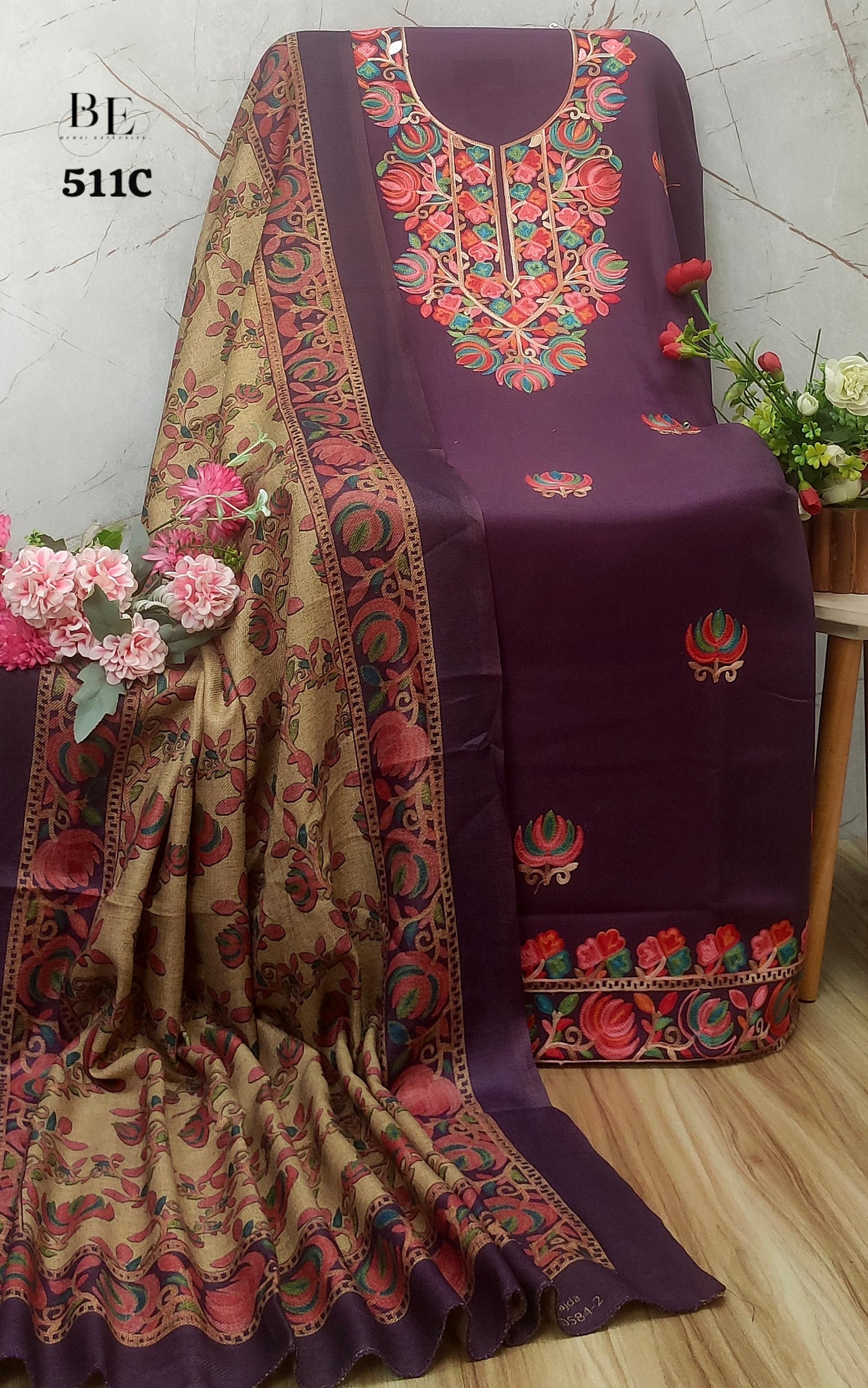Wine Premium Kashmiri Work Pashmina Silk Suits (New)
