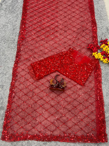 🌹 Passionate Red Sequins Embroidery Net Saree Set 🌹 - Inayakhan Shop 