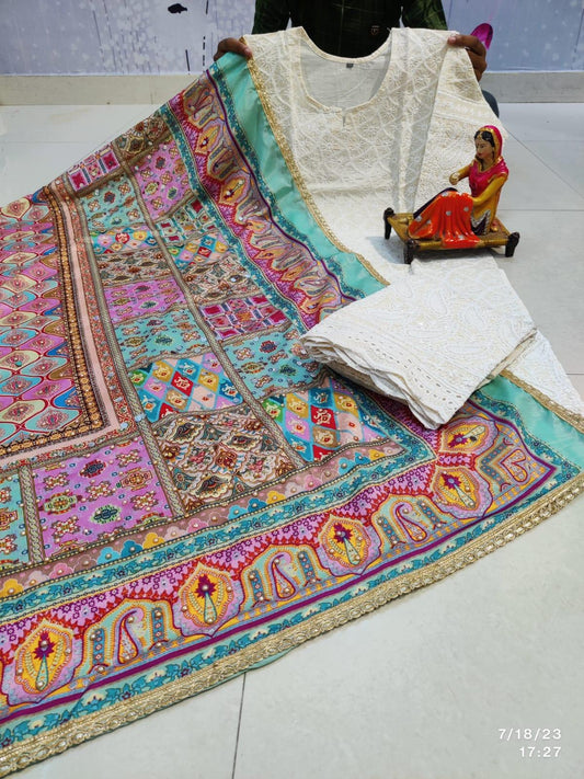 Pastel Blue and Pink multicolor Chikankari Elegance - Pakistani Dupatta & Kurti Palazzo Set - Inayakhan Shop 