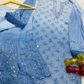 Pastel Blue Enchanting Lucknawi Jaal - Chikankari Festive Set - Kurti, Sharara & Dupatta
