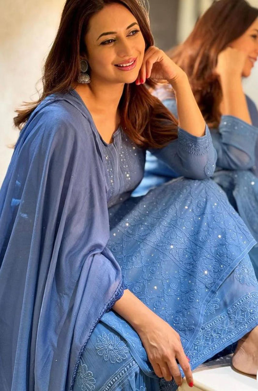 Pastel Blue Ethereal Viscose Bliss: Premium Heavy Jaal Work Viscose Plazzo Set - Inayakhan Shop 