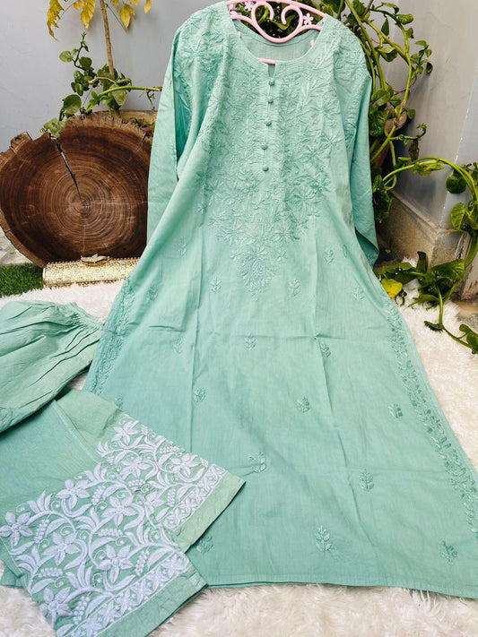 Pastel Green Graceful Cotton Chikankari Work Set: Kurti + Pant up to 6 XL ++ Sizes - Inayakhan Shop 