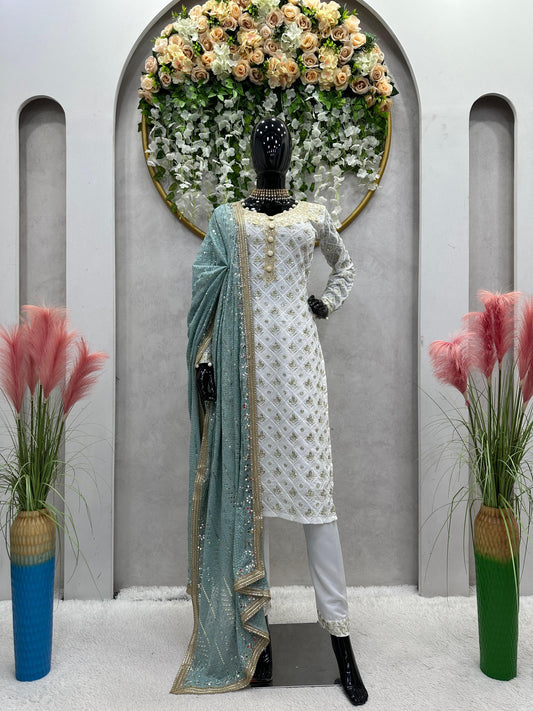 Pastel Green Pakistani Style Salwar Kameez with Mirror Work and Sequins Dupatta - Inayakhan Shop 
