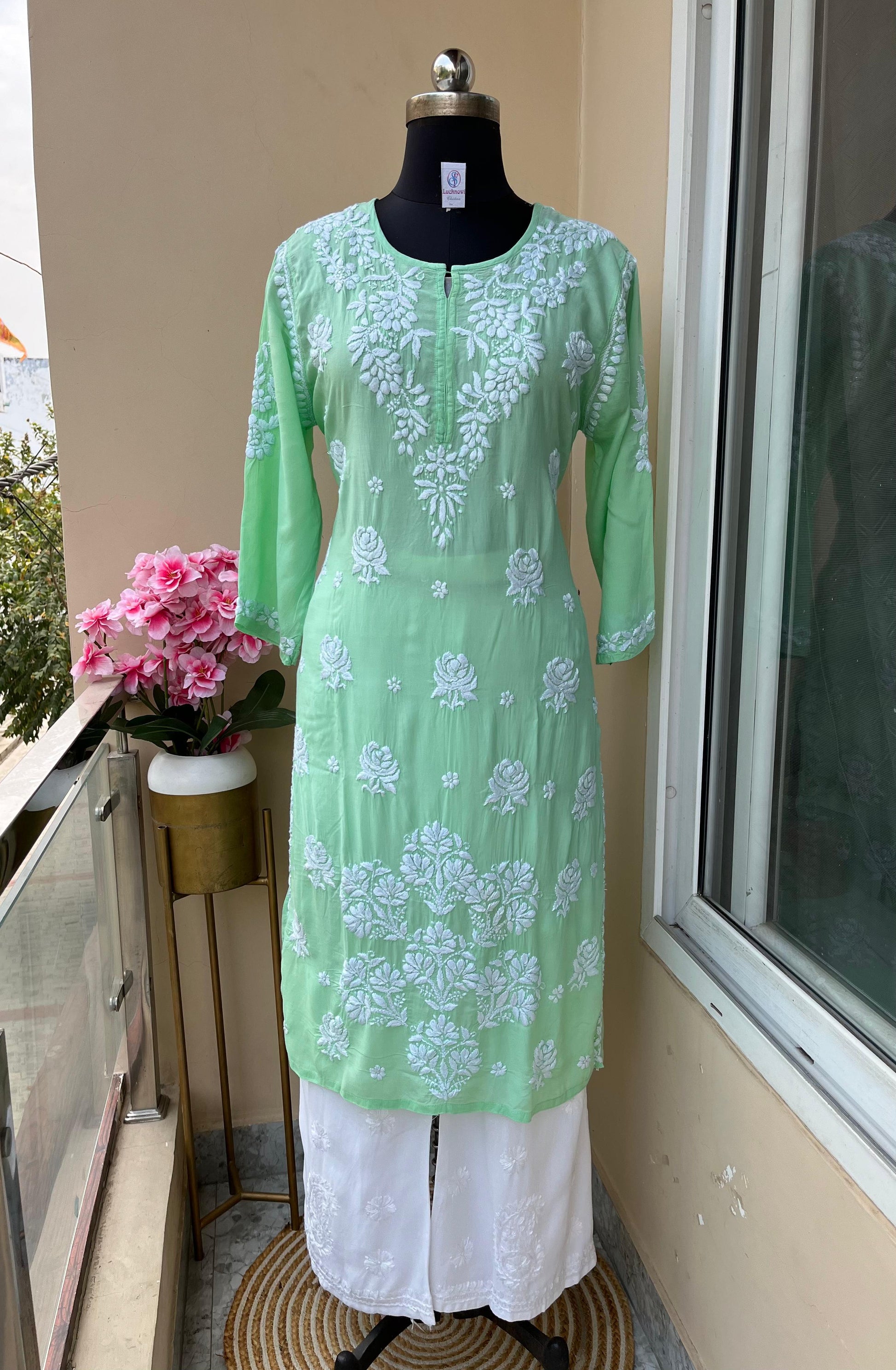 Pastel Green Royal Modal 3D Chikankari Ensemble - Inayakhan Shop 