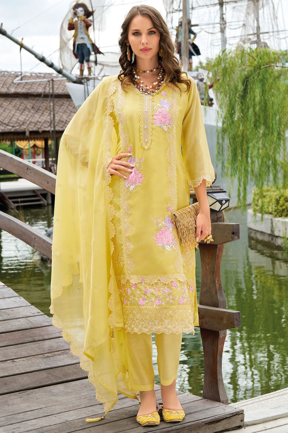 Pastel Yellow Pakistani Style Soft Organza Salwar Kameez Set with Dupatta